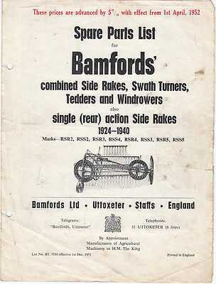 Bamfords spare parts list for combined Side rakes, Swath turners, tedders