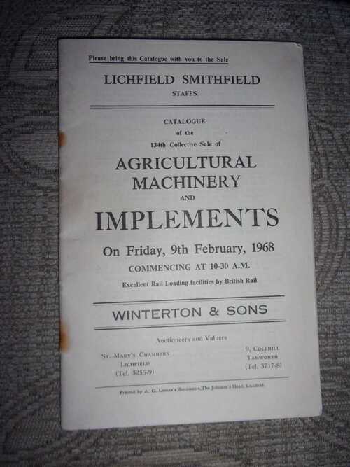 Auction Catalogue Agricultural Machinery and Implements 1968. Lichfield Smithfield